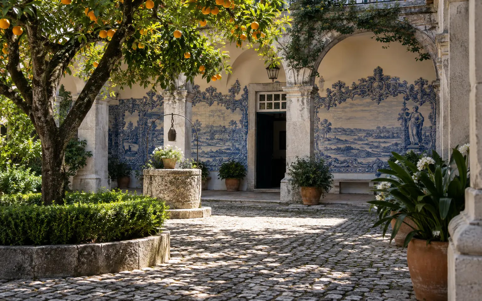 Full Day Azeitão: Azulejo-lined courtyard of a historic wine estate