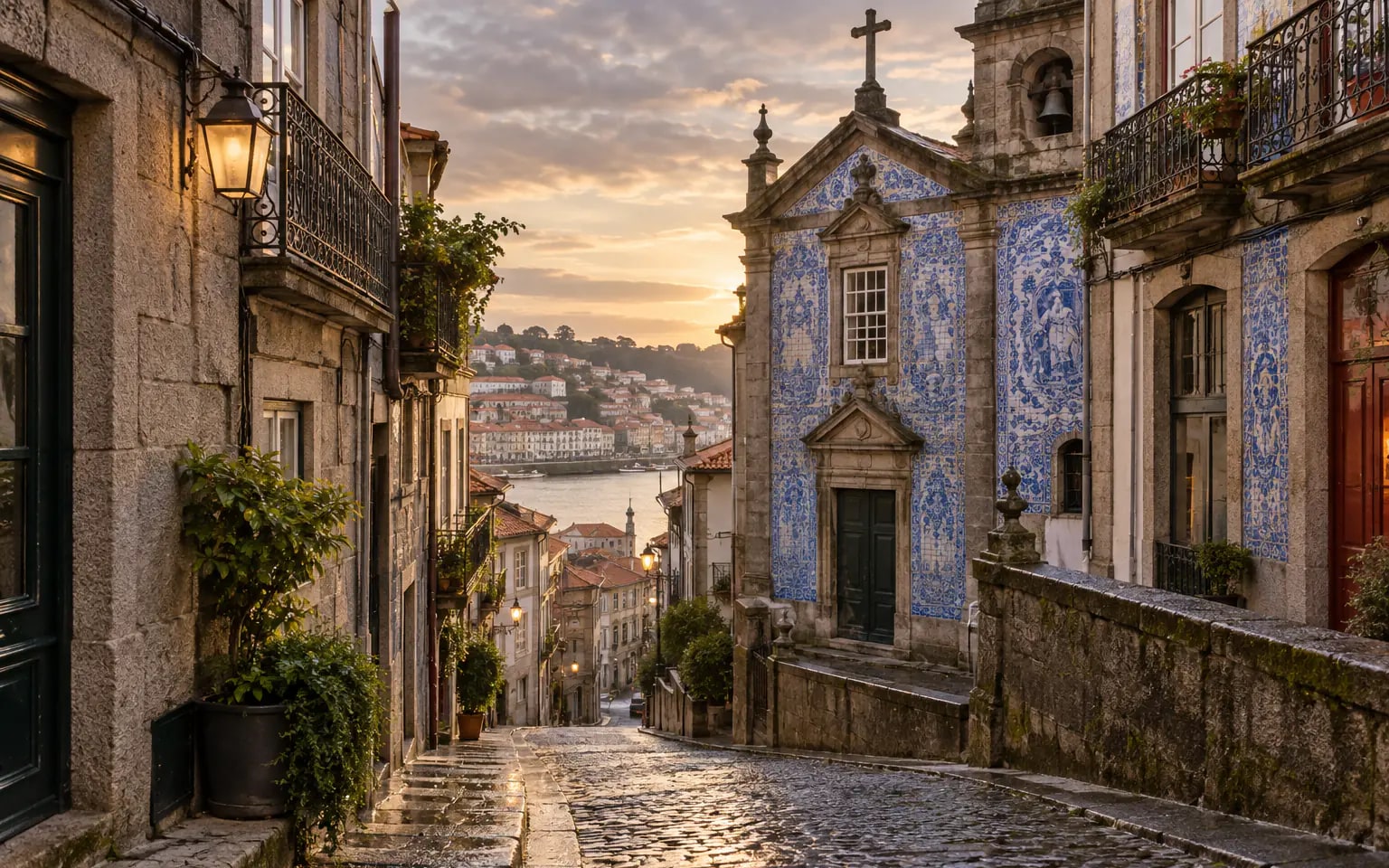 Full Day Porto: A tiled historic street descending toward the Douro